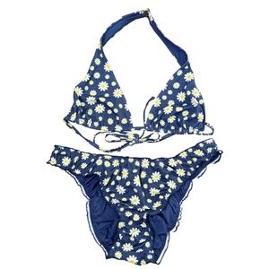 Pink by Frankies Bikinis Daisy Floral Bikini Set Blue Large Top XL Bottom NWT